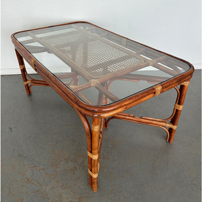 Vintage Rattan & Cane Glass Top Dining Table
