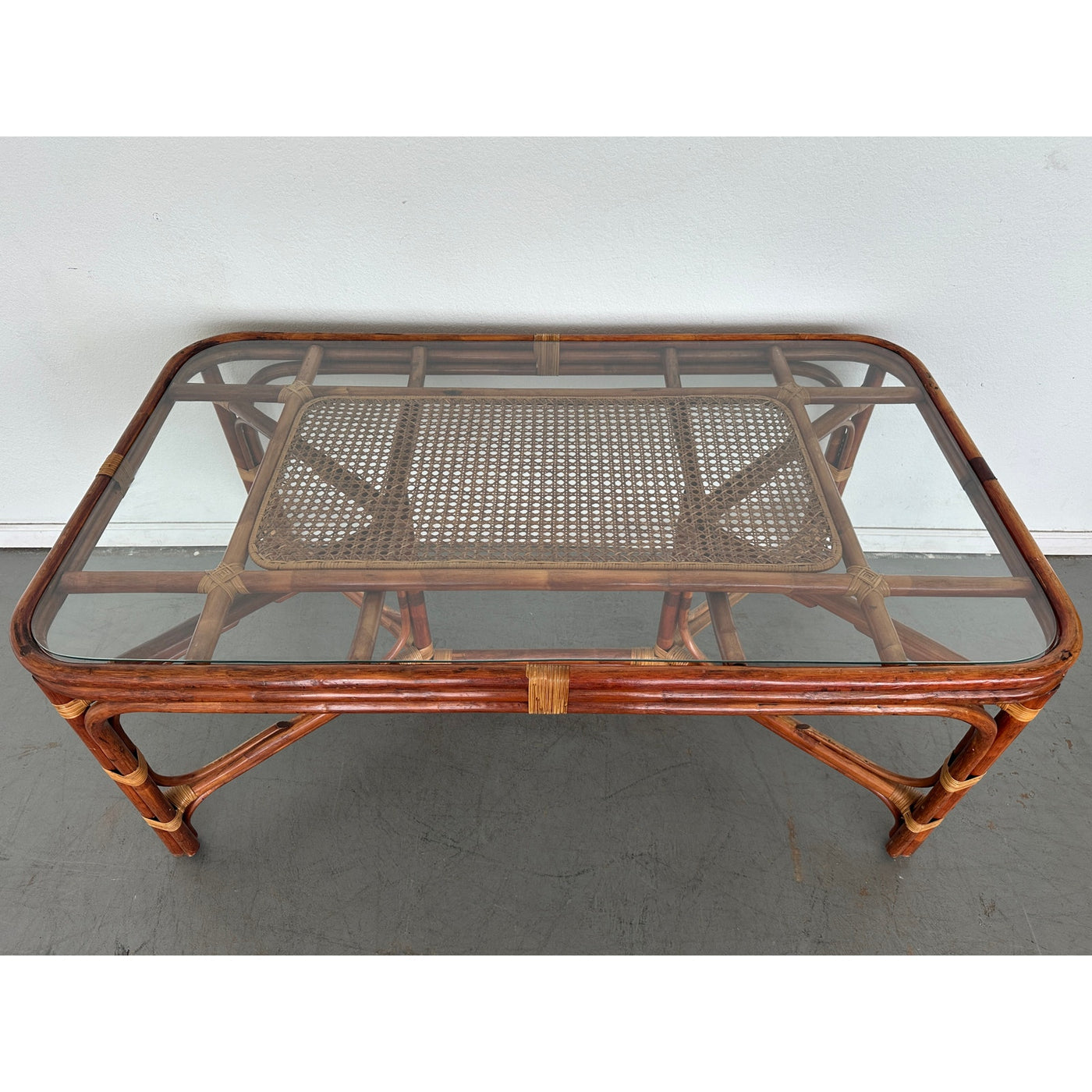 Vintage Rattan & Cane Glass Top Dining Table