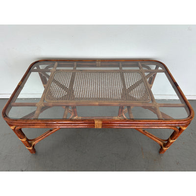 Vintage Rattan & Cane Glass Top Dining Table