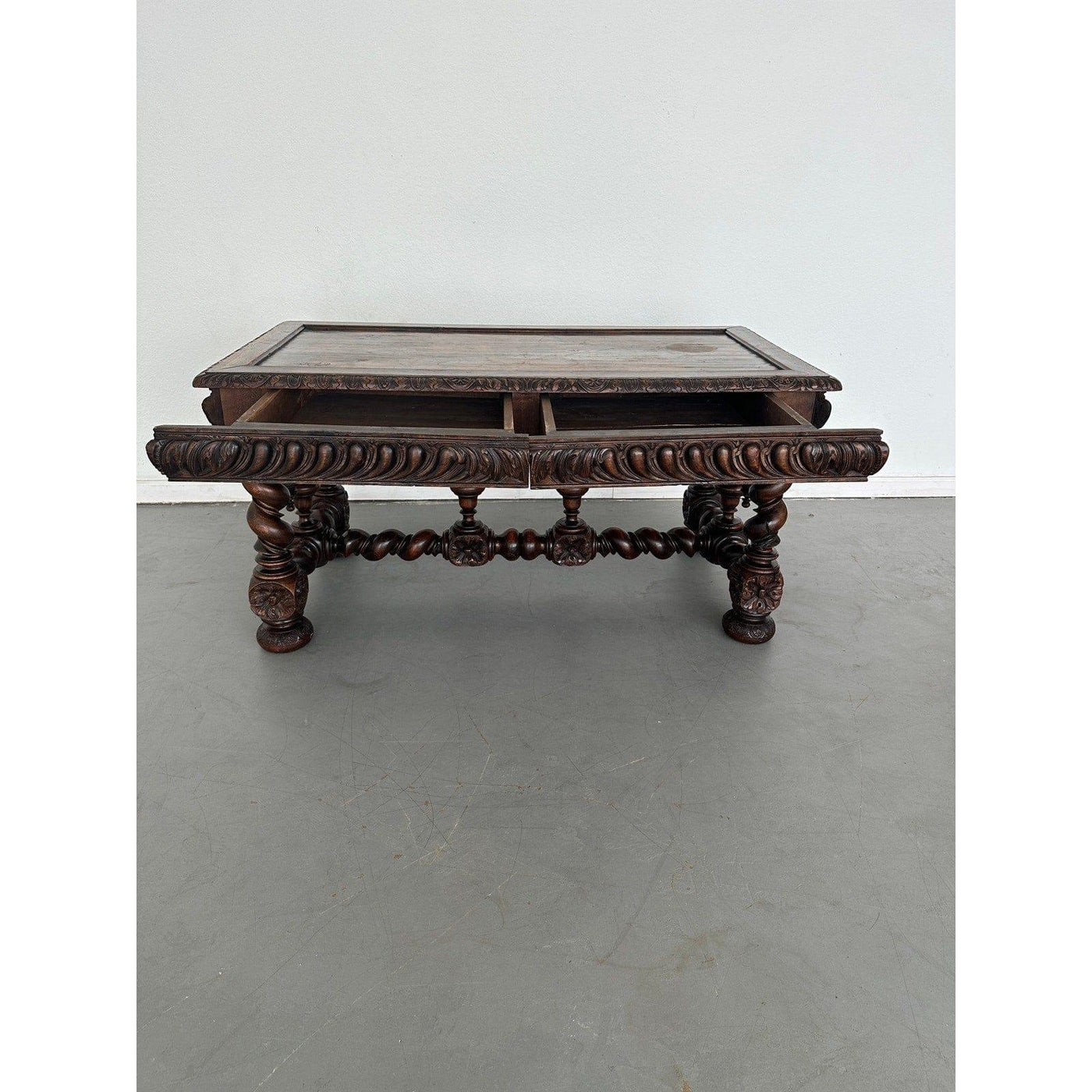 Antique French Hand-Carved Oak Baroque-Style Library Table