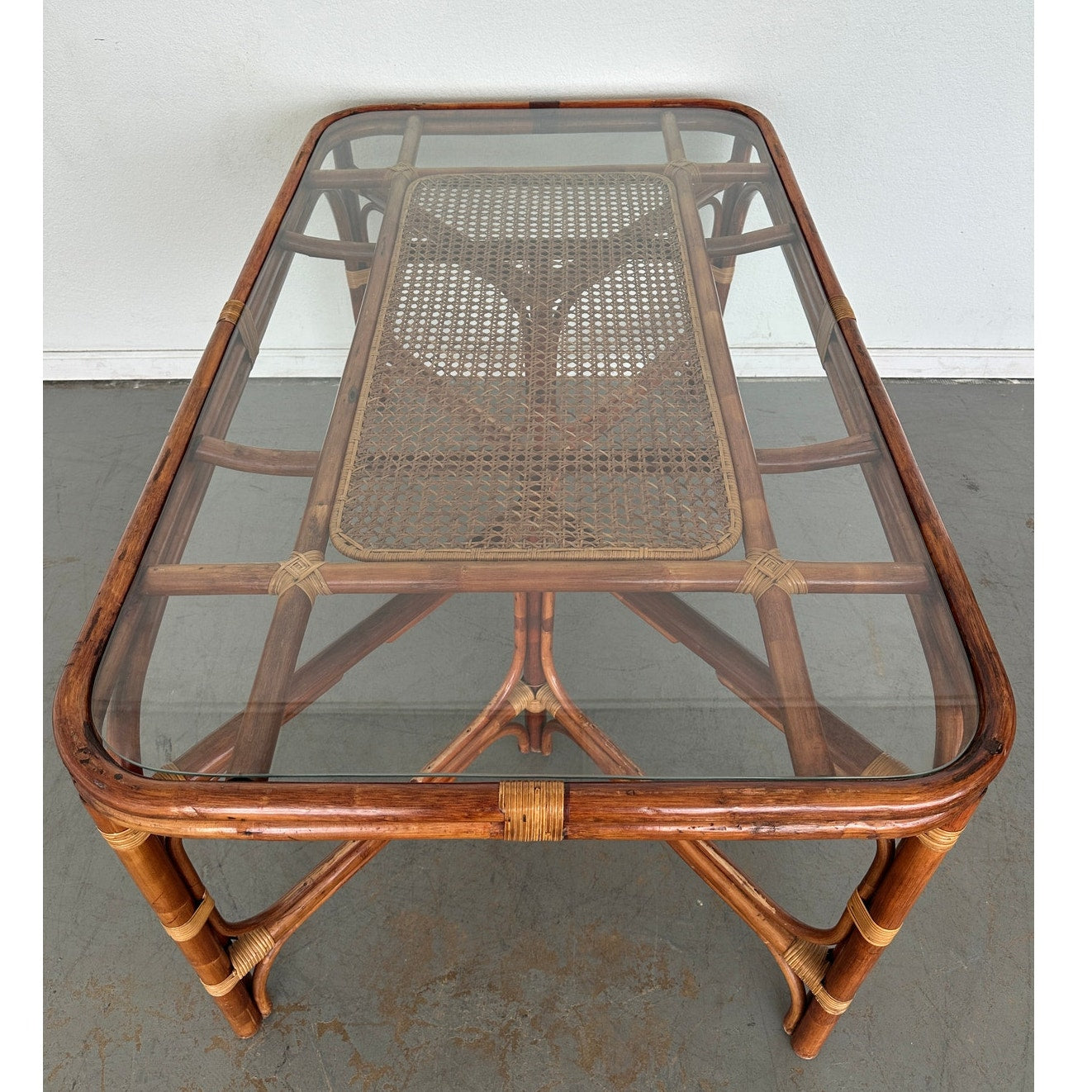 Vintage Rattan & Cane Glass Top Dining Table
