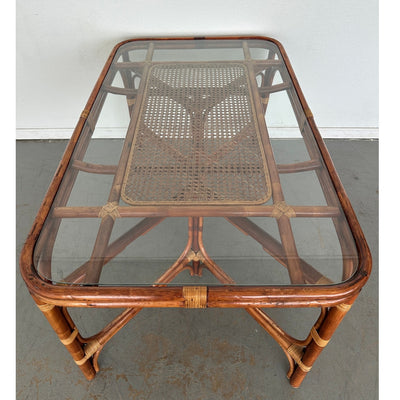 Vintage Rattan & Cane Glass Top Dining Table