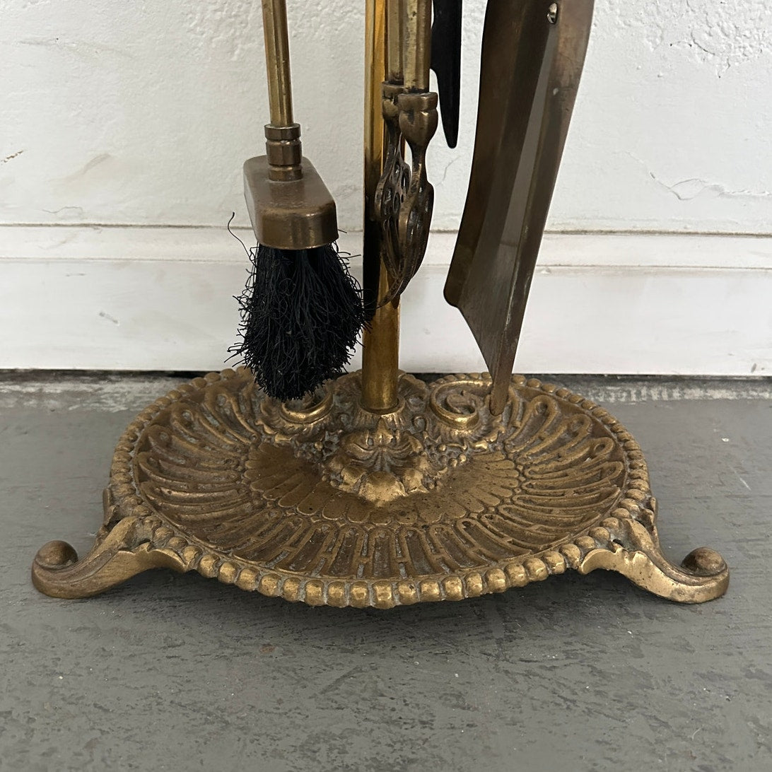 Vintage Brass Fireplace Tool Set & 4-Panel Screen (Set of 2)