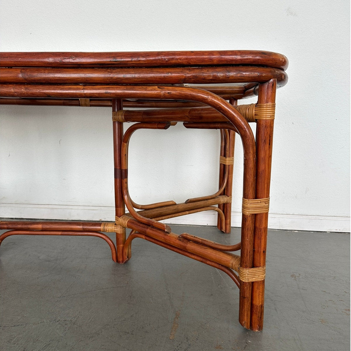 Vintage Rattan & Cane Glass Top Dining Table