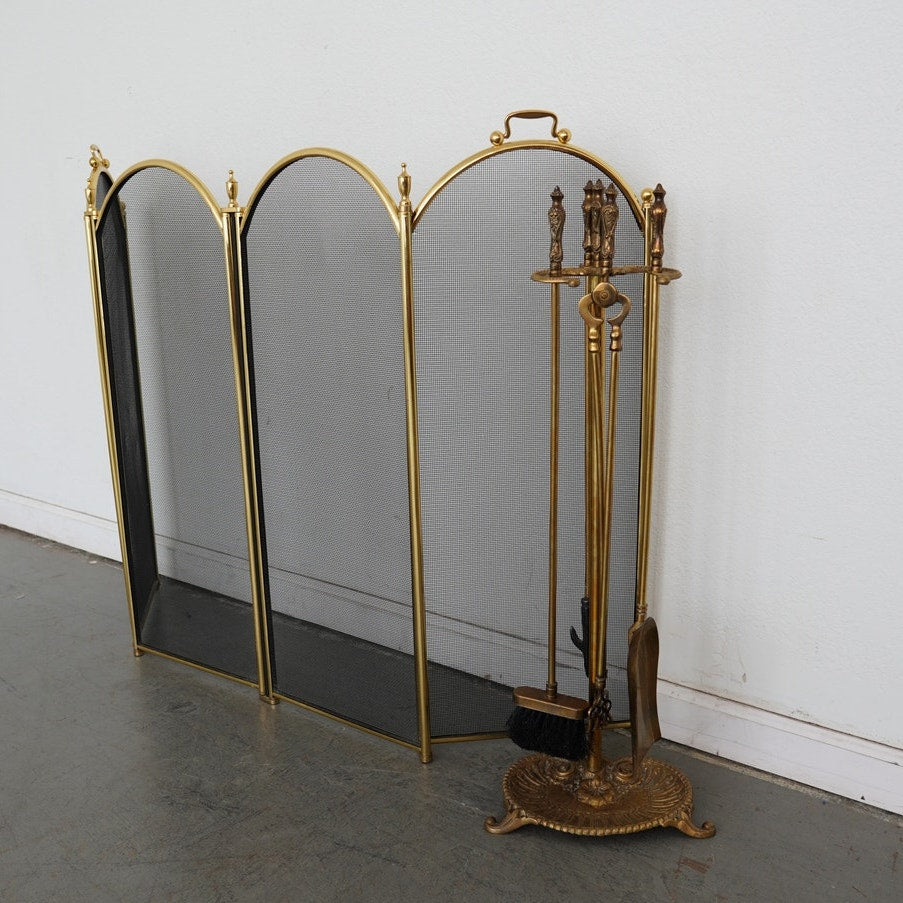 Vintage Brass Fireplace Tool Set & 4-Panel Screen (Set of 2)