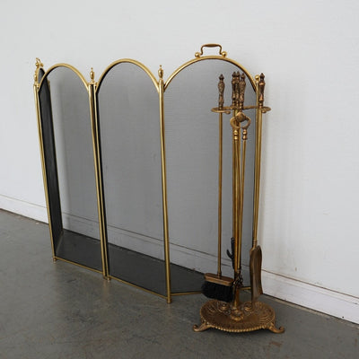 Vintage Brass Fireplace Tool Set & 4-Panel Screen (Set of 2)