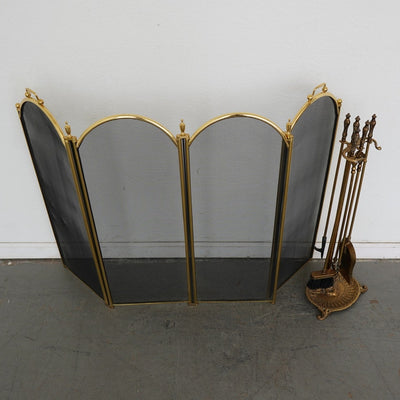 Vintage Brass Fireplace Tool Set & 4-Panel Screen (Set of 2)