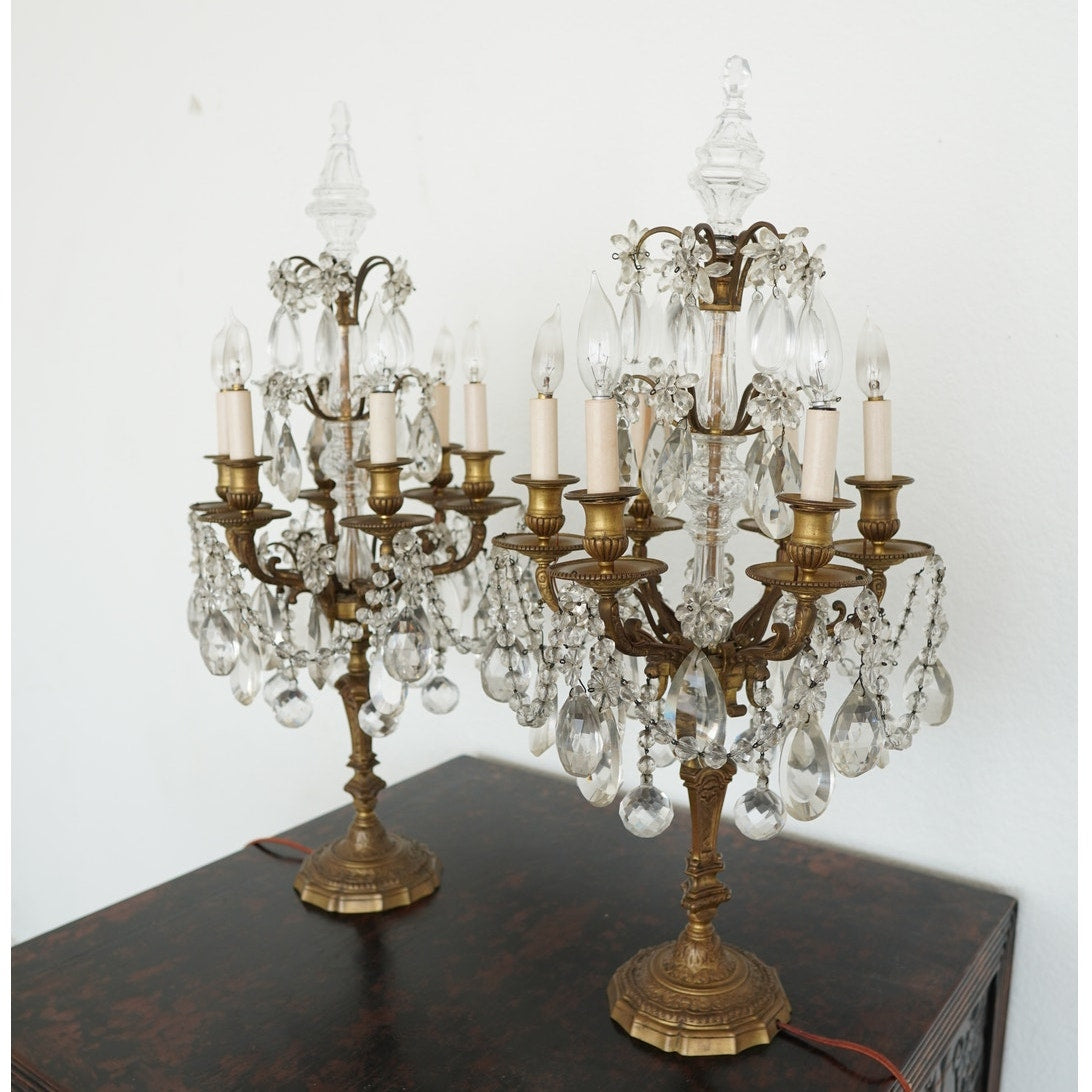 Antique 19th Century French Bronze & Crystal Girandole Lamps (Set of 2)
