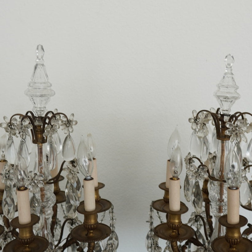 Antique 19th Century French Bronze & Crystal Girandole Lamps (Set of 2)