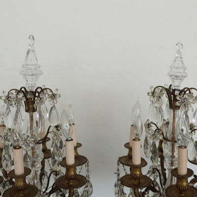 Antique 19th Century French Bronze & Crystal Girandole Lamps (Set of 2)