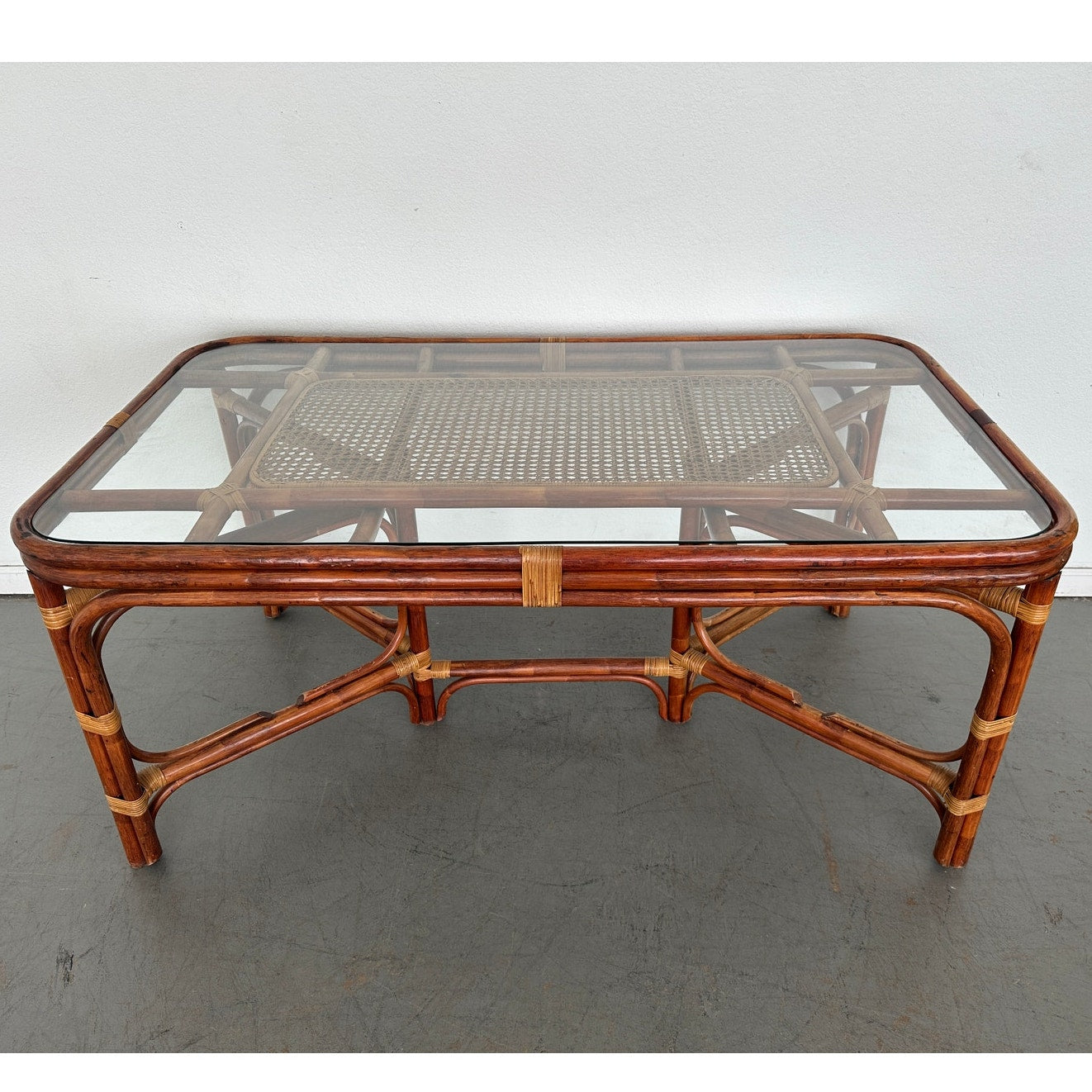 Vintage Rattan & Cane Glass Top Dining Table