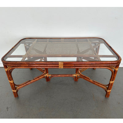 Vintage Rattan & Cane Glass Top Dining Table