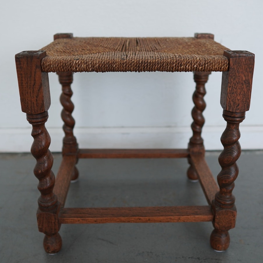 Antique Barley Twist Rush Seat Stool