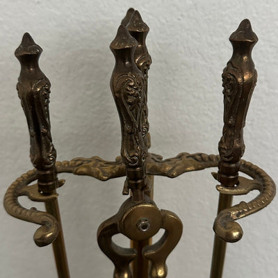 Vintage Brass Fireplace Tool Set & 4-Panel Screen (Set of 2)