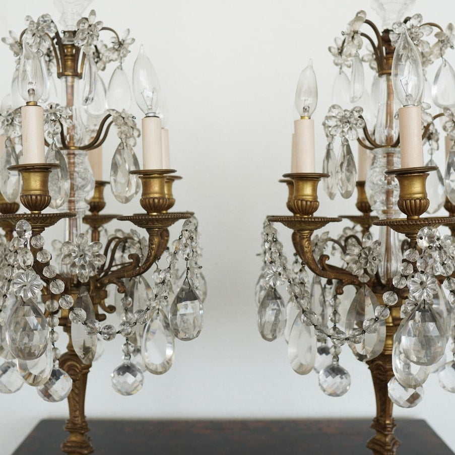 Antique 19th Century French Bronze & Crystal Girandole Lamps (Set of 2)
