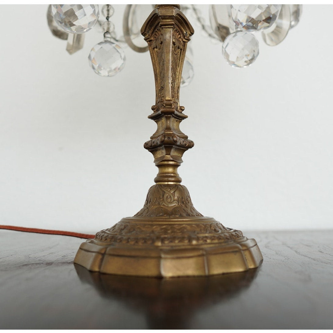 Antique 19th Century French Bronze & Crystal Girandole Lamps (Set of 2)