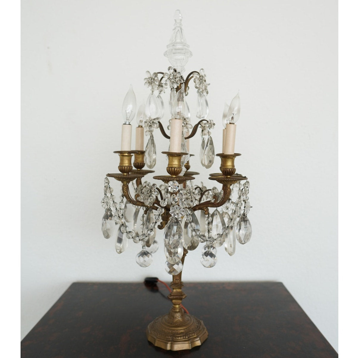 Antique 19th Century French Bronze & Crystal Girandole Lamps (Set of 2)