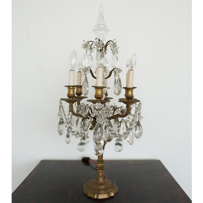 Antique 19th Century French Bronze & Crystal Girandole Lamps (Set of 2)