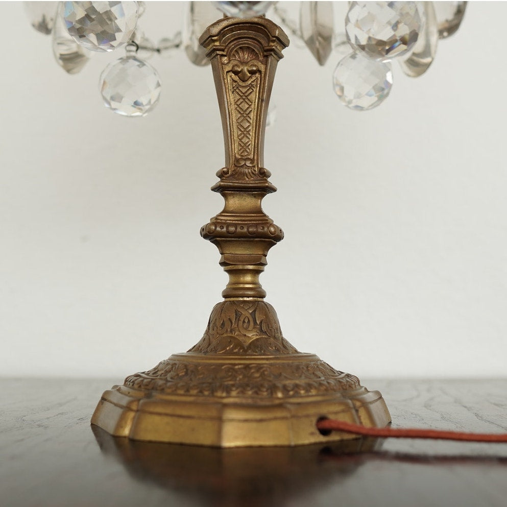 Antique 19th Century French Bronze & Crystal Girandole Lamps (Set of 2)