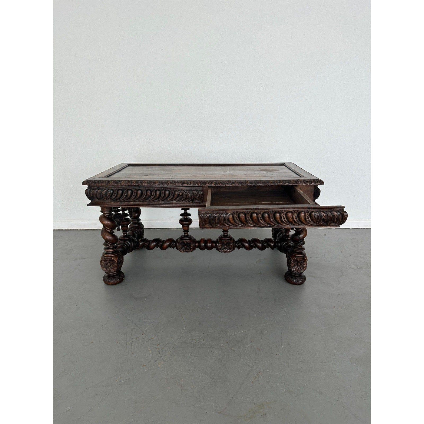 Antique French Hand-Carved Oak Baroque-Style Library Table