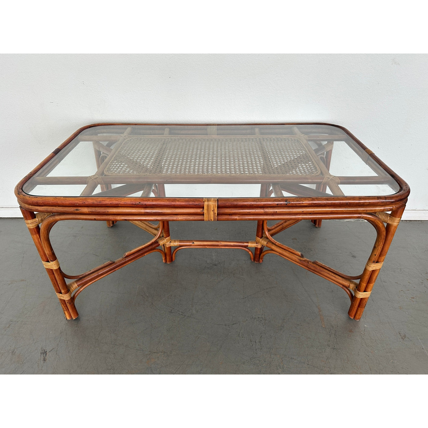 Vintage Rattan & Cane Glass Top Dining Table