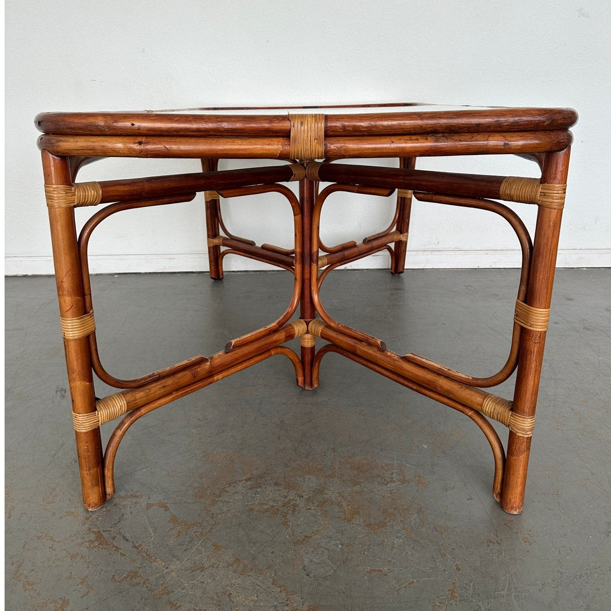 Vintage Rattan & Cane Glass Top Dining Table