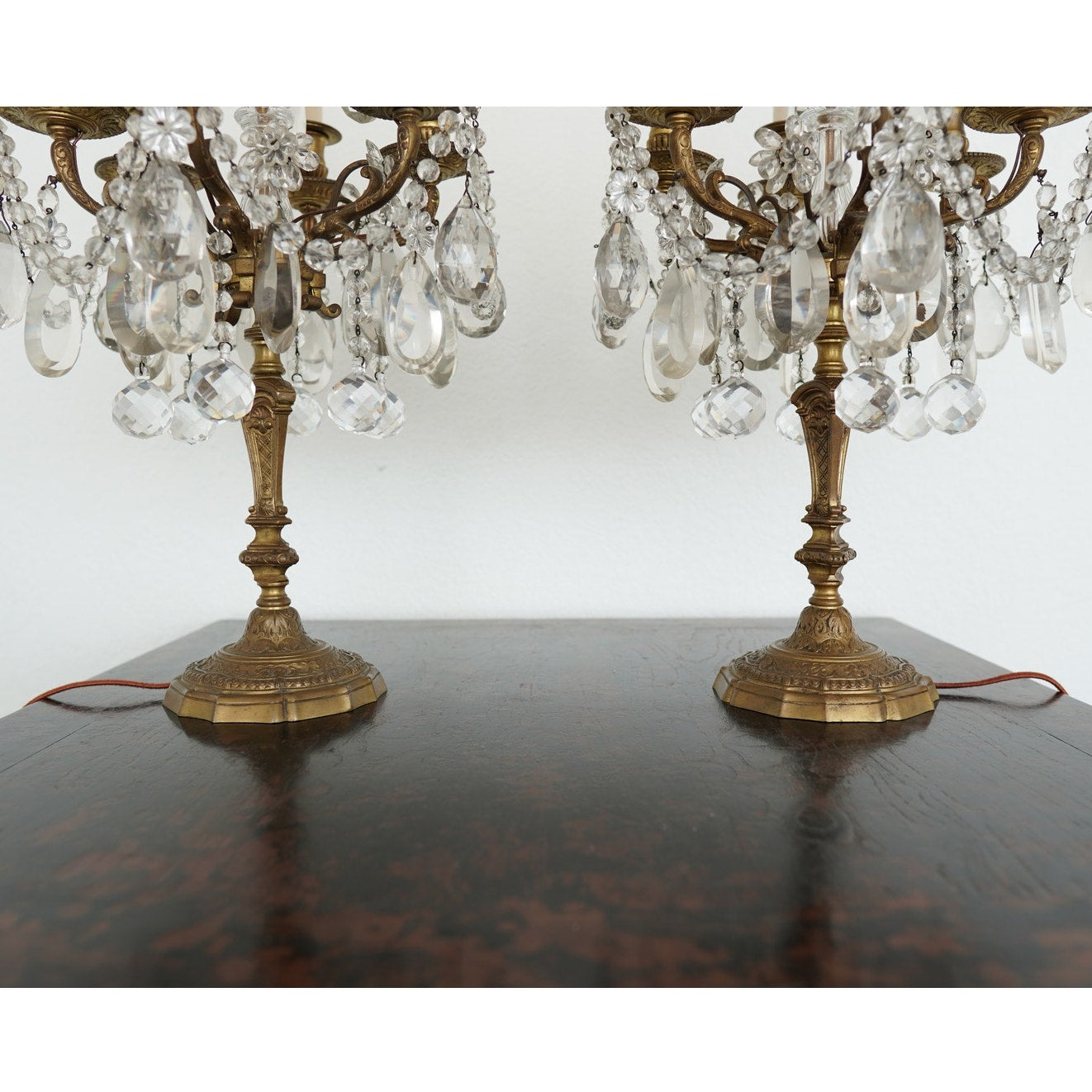Antique 19th Century French Bronze & Crystal Girandole Lamps (Set of 2)