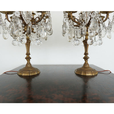 Antique 19th Century French Bronze & Crystal Girandole Lamps (Set of 2)