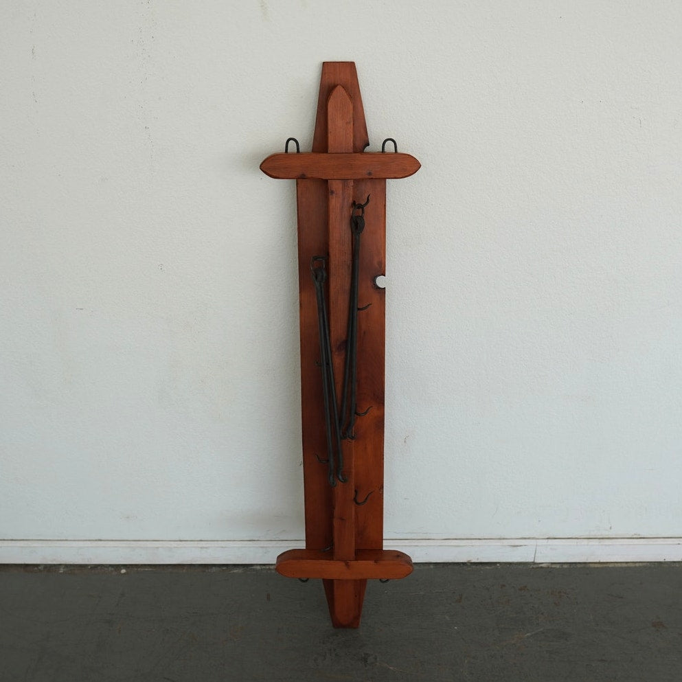 Vintage Rustic Wood & Iron Wall Pot Rack