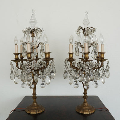 Antique 19th Century French Bronze & Crystal Girandole Lamps (Set of 2)