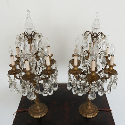 Antique 19th Century French Bronze & Crystal Girandole Lamps (Set of 2)