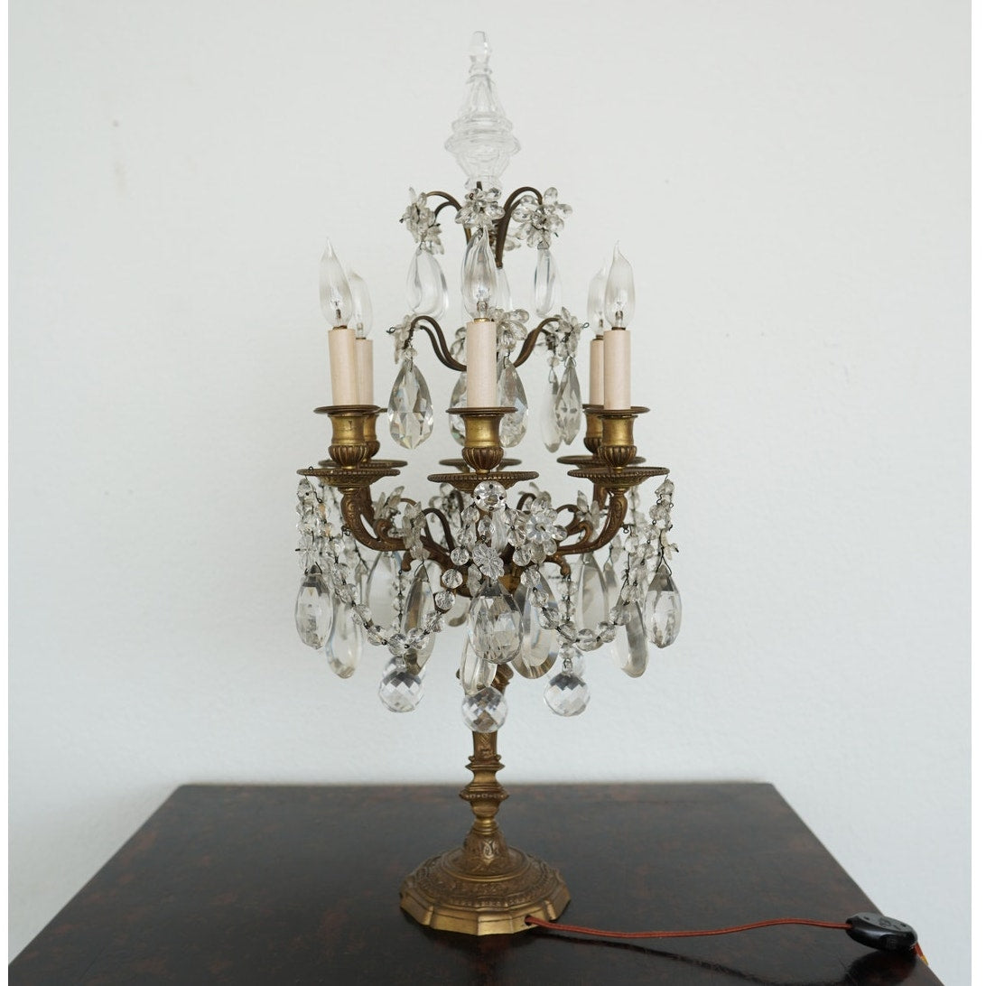Antique 19th Century French Bronze & Crystal Girandole Lamps (Set of 2)