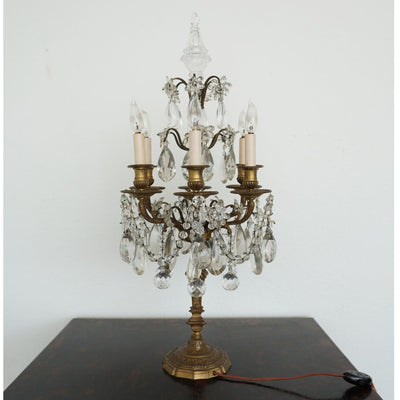 Antique 19th Century French Bronze & Crystal Girandole Lamps (Set of 2)