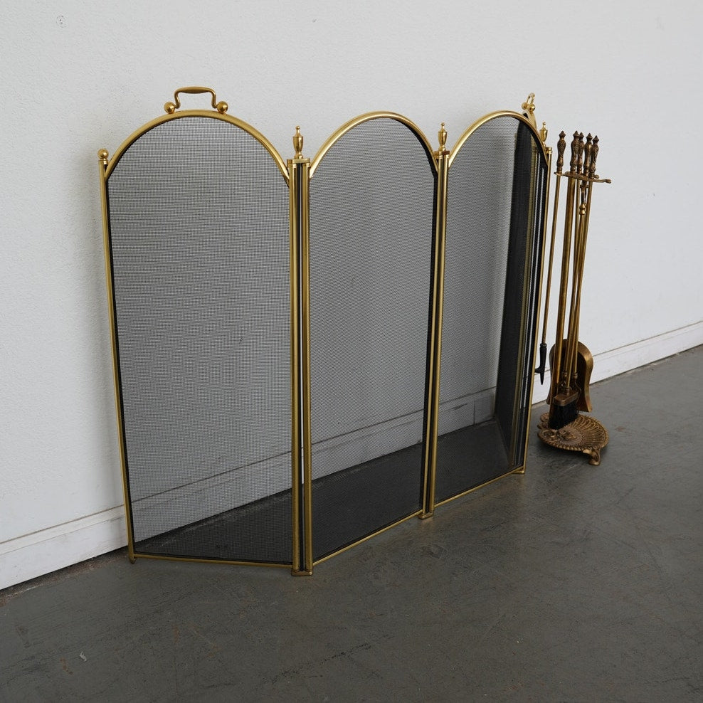 Vintage Brass Fireplace Tool Set & 4-Panel Screen (Set of 2)