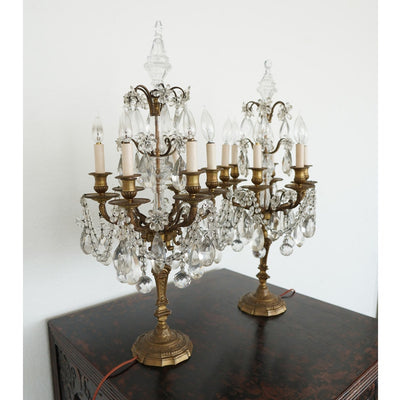 Antique 19th Century French Bronze & Crystal Girandole Lamps (Set of 2)