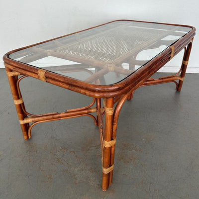 Vintage Rattan & Cane Glass Top Dining Table