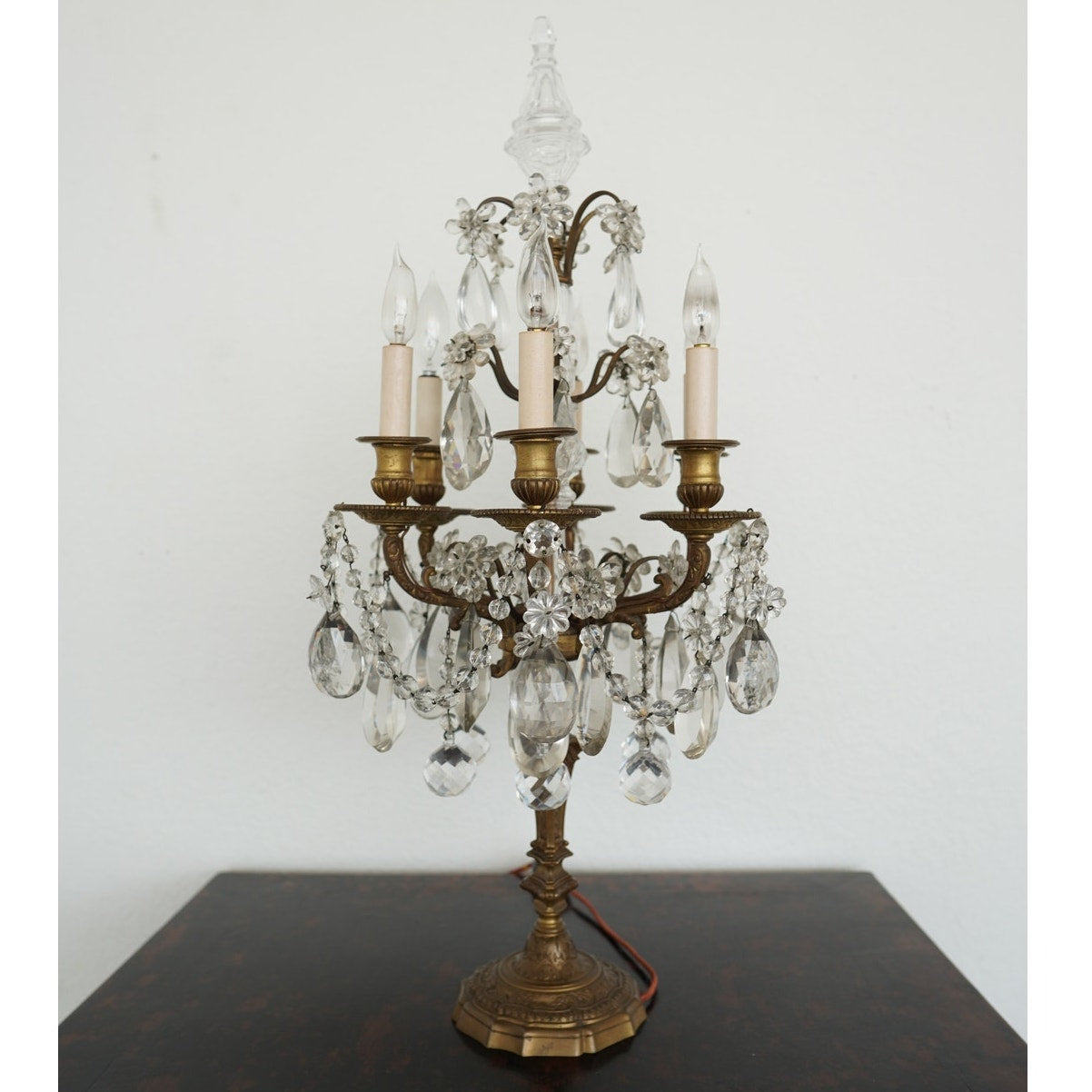 Antique 19th Century French Bronze & Crystal Girandole Lamps (Set of 2)