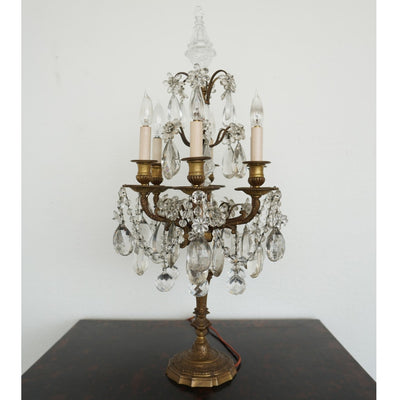 Antique 19th Century French Bronze & Crystal Girandole Lamps (Set of 2)