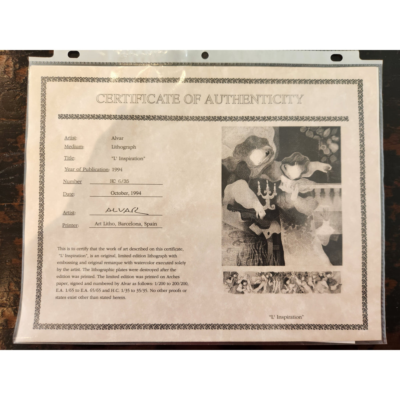 Sunol Alvar “L’Inspiration” Signed 1994 Lithograph with Remarque - Framed