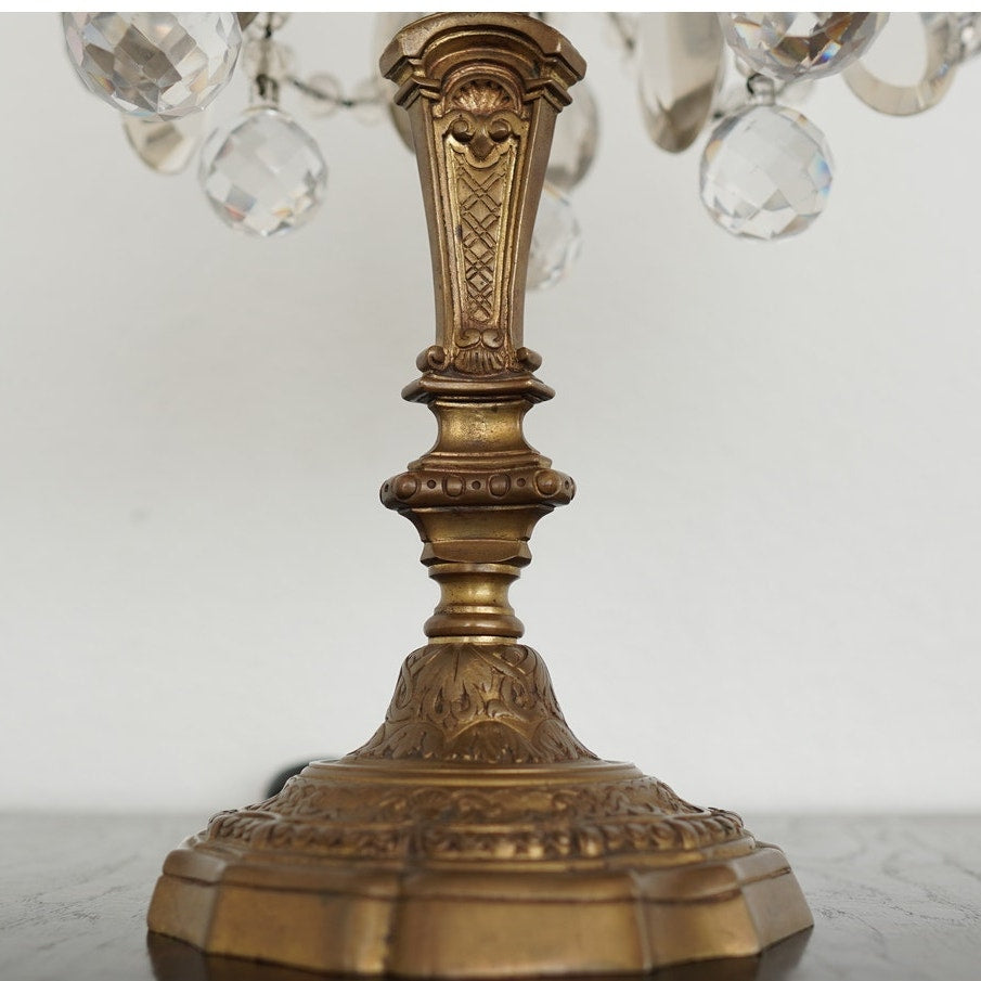 Antique 19th Century French Bronze & Crystal Girandole Lamps (Set of 2)