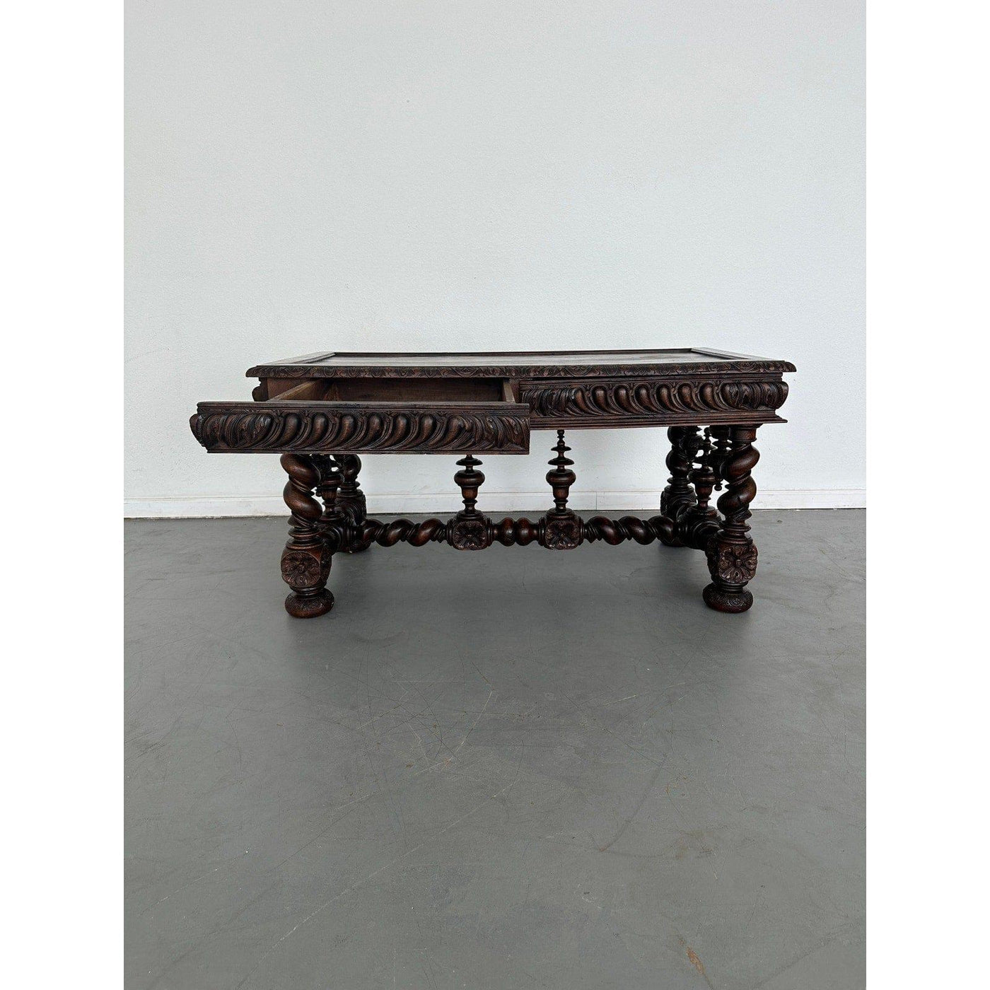 Antique French Hand-Carved Oak Baroque-Style Library Table