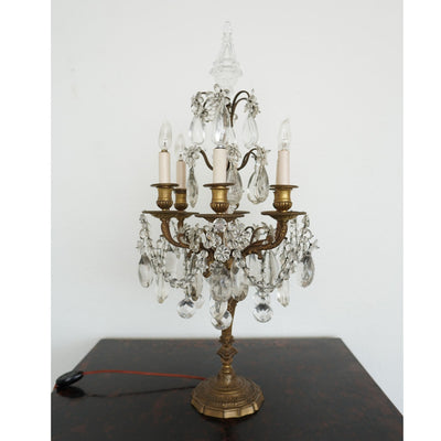 Antique 19th Century French Bronze & Crystal Girandole Lamps (Set of 2)