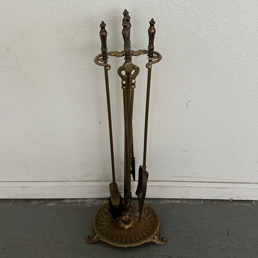 Vintage Brass Fireplace Tool Set & 4-Panel Screen (Set of 2)