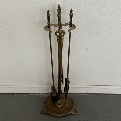 Vintage Brass Fireplace Tool Set & 4-Panel Screen (Set of 2)