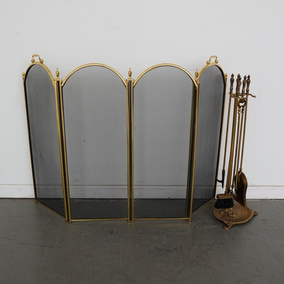 Vintage Brass Fireplace Tool Set & 4-Panel Screen (Set of 2)